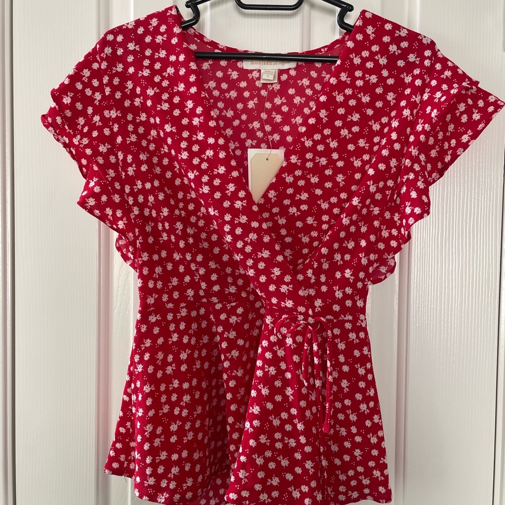 Women’s Red Floral Wrap Top with Ruffle Sleeves